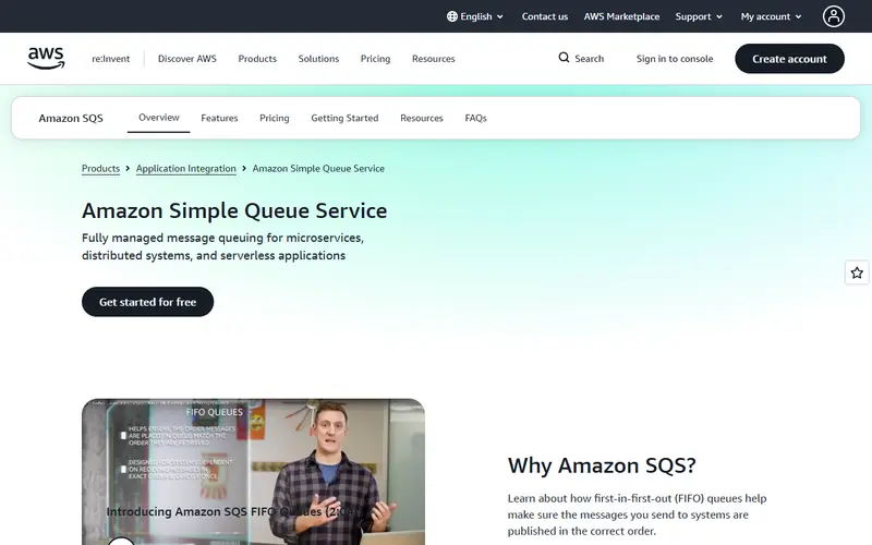 Amazon SQS homepage