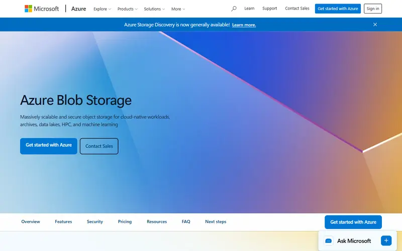 Azure Blob Storage homepage