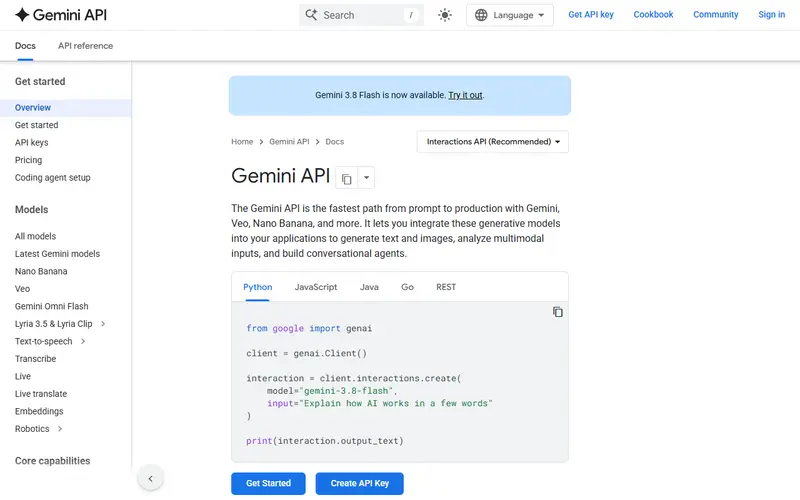 Gemini API homepage
