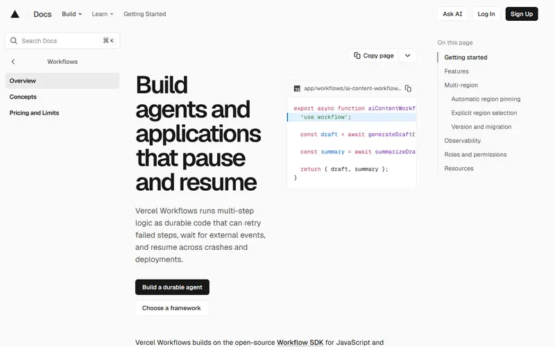 Vercel Workflows homepage